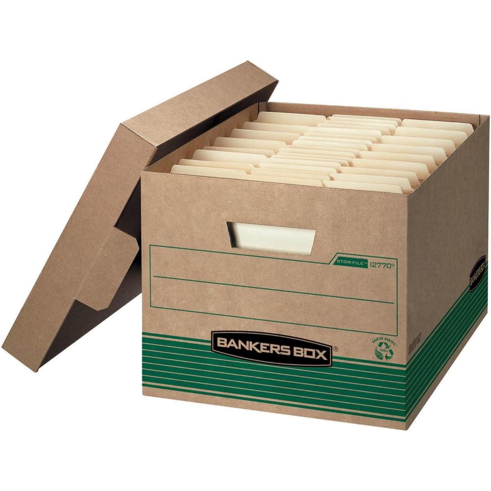 imageBankers Box 12 Pack STORFILE MediumDuty 100 Recycled File Storage Boxes FastFold LiftOff Lid LetterLegal KraftGreen20Pack