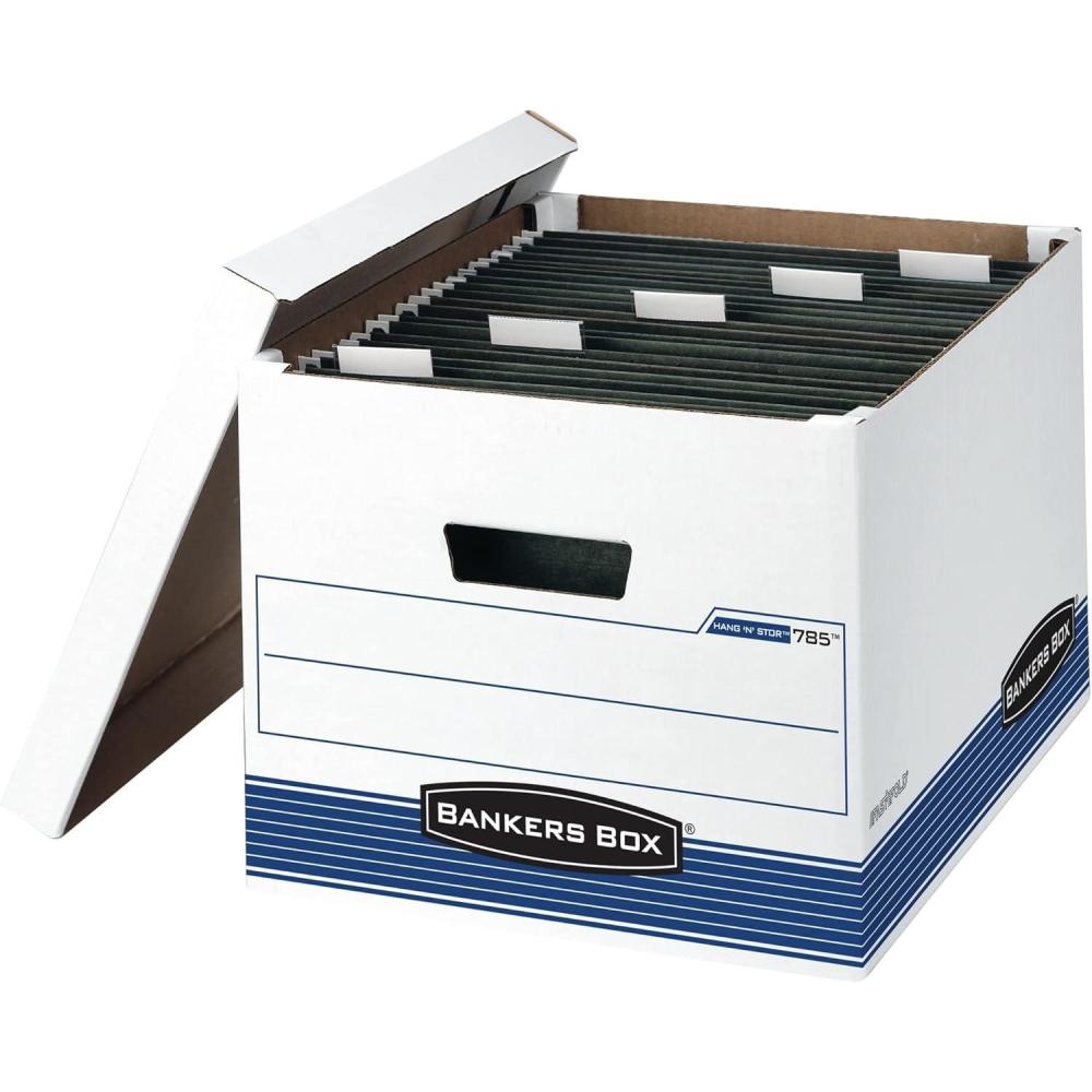 imageBankers Box 4 Pack HANGNSTOR MediumDuty File Storage Boxes FastFold LiftOff Lid LetterLegal WhiteBlue