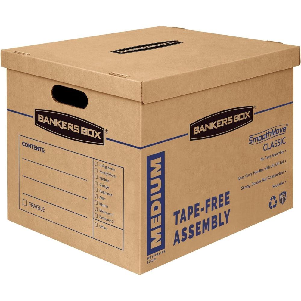 imageBankers Box Medium Classic Moving Box 10 Pack Reinforced Handles TapeFree Assembly Box with Lid 19in x 145in x 155in 77172048Pk